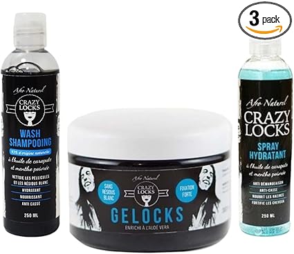 Crazy Pouss Locks Kombi-Set – Gelocks Fixation Forte (Schwarz) 300 g, Waschshampoo 250 ml, Feuchtigkeitsspray mit Karapetöl und Pfefferminze 250 ml